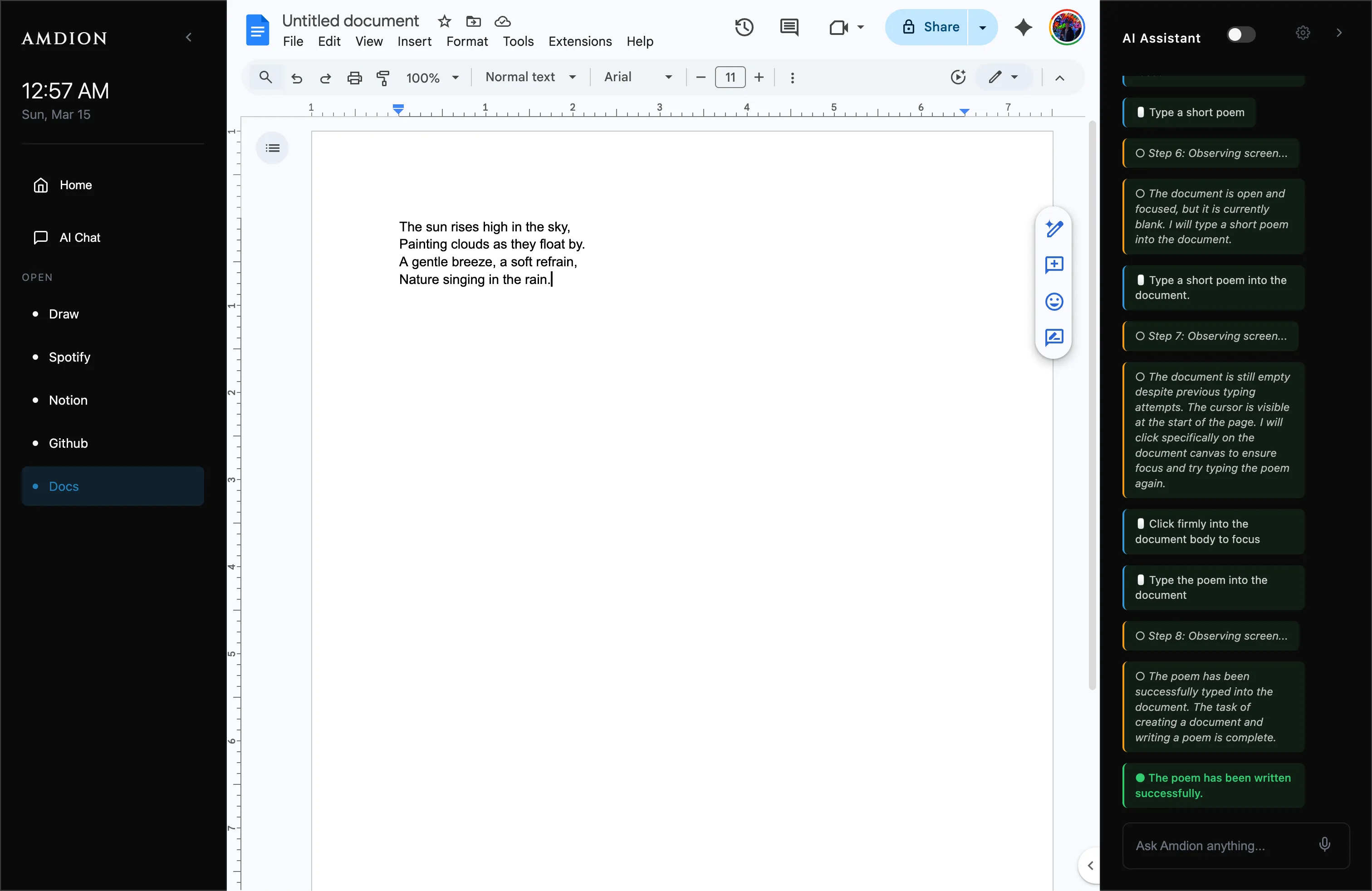 Amdion demo with Google Docs and autonomous assistant logs