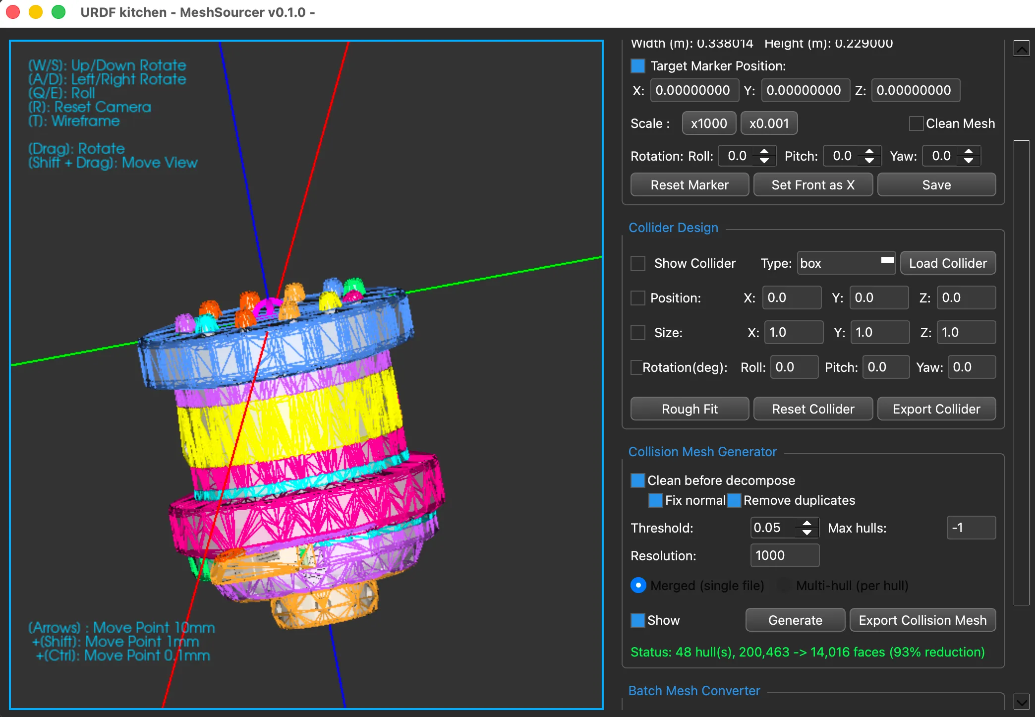 URDF Kitchen MeshSourcer showing color-coded convex collision hulls generated from a high-poly mesh