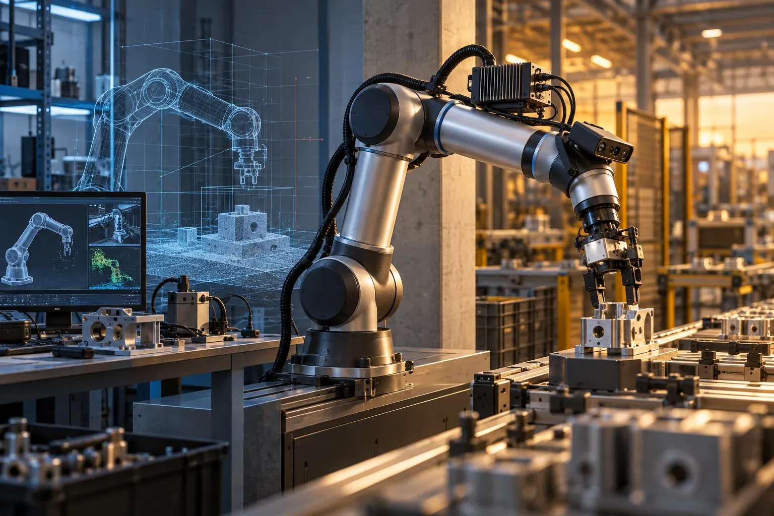 A robotic arm moving from a digital prototype environment into an active production line
