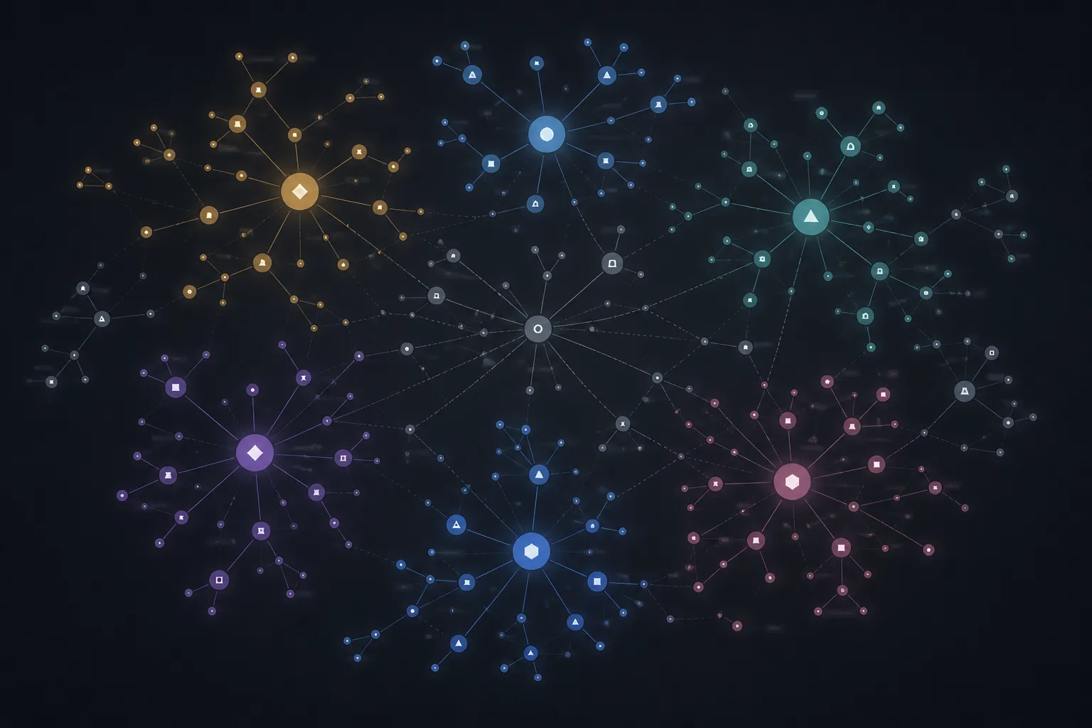 Synthetic knowledge graph with color-coded clusters and abstract, unlabeled nodes